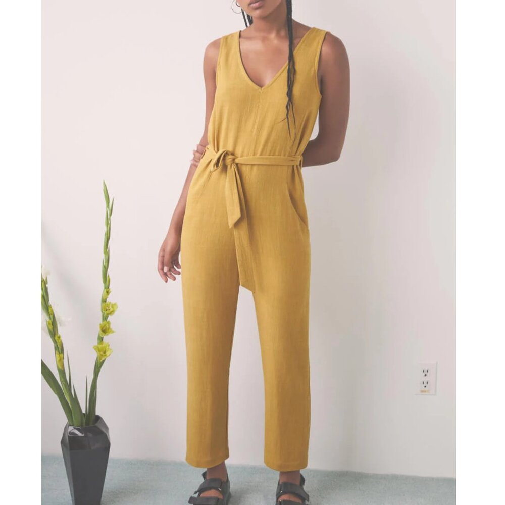 Eve Gravel Linen Blend Owl Moon Sleeveless Jumpsuit in Saffron sz XS
